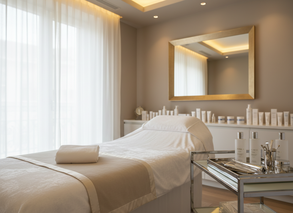A luxurious beauty treatment room in a high‑end French institut, featuring a pristine white treatment bed draped in soft, velvety linen and a folded champagne‑beige blanket with subtle satin trim. On a nearby matte glass trolley, elegant frosted bottles of skincare products and impeccably arranged tools rest on a polished tray. The space is framed by pale taupe walls, a brushed gold-framed mirror, and minimalist shelving with neatly aligned products. Soft, diffused daylight filters through sheer ivory curtains, complemented by warm recessed ceiling lights, creating a serene, sophisticated glow. Photographic realism, shot at eye level with a slightly wide angle, sharp focus in the foreground and a gently blurred background, conveying calm, refinement, and discrete luxury.