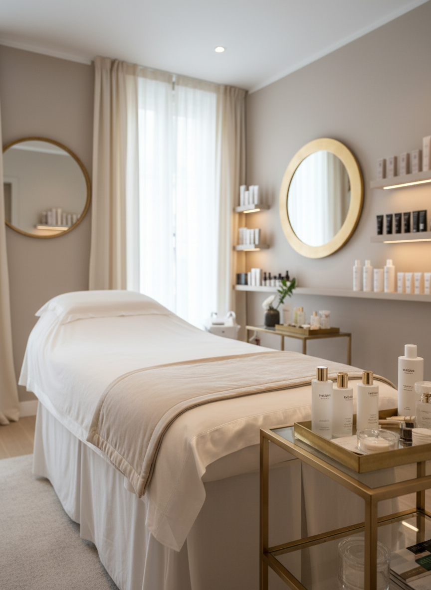 A luxurious beauty treatment room in a high‑end French institut, featuring a pristine white treatment bed draped in soft, velvety linen and a folded champagne‑beige blanket with subtle satin trim. On a nearby matte glass trolley, elegant frosted bottles of skincare products and impeccably arranged tools rest on a polished tray. The space is framed by pale taupe walls, a brushed gold-framed mirror, and minimalist shelving with neatly aligned products. Soft, diffused daylight filters through sheer ivory curtains, complemented by warm recessed ceiling lights, creating a serene, sophisticated glow. Photographic realism, shot at eye level with a slightly wide angle, sharp focus in the foreground and a gently blurred background, conveying calm, refinement, and discrete luxury.