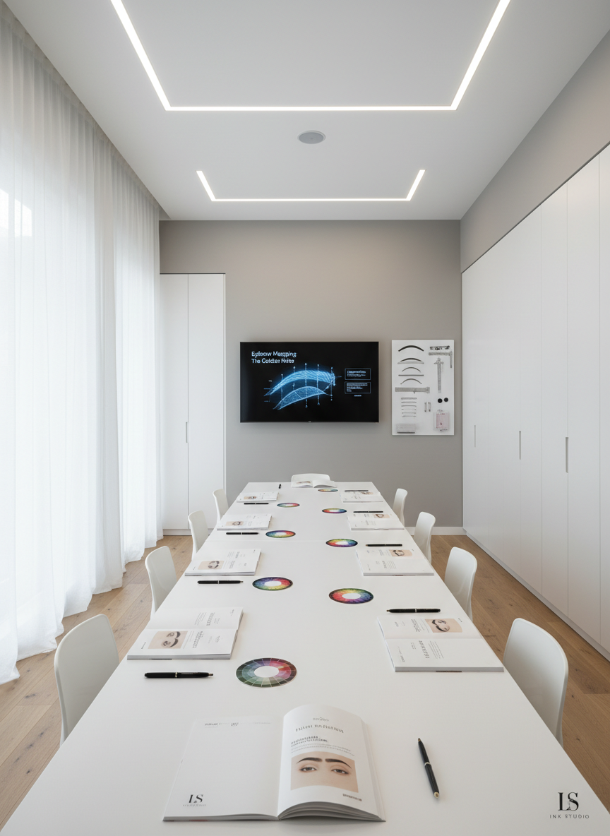 A refined training classroom for beauty professionals at LS INK STUDIO, presented as a minimalist, sophisticated learning space. A long, matte white table holds neatly aligned training manuals with elegant typography, fine-point pens, pigment color charts, and practice latex skins carefully placed on individual stations. At the front, a large wall-mounted screen displays a high-resolution diagram of eyebrow mapping beside a magnetic board with precisely arranged brow templates and measuring tools. The room features soft greige walls, light oak flooring, and discreet built-in storage. Large windows with sheer curtains bathe the space in diffused natural daylight, supplemented by slim linear LED lights in the ceiling. Photographic realism, captured from a slightly elevated wide angle, with sharp focus throughout, radiating professionalism, rigor, and contemporary French elegance.