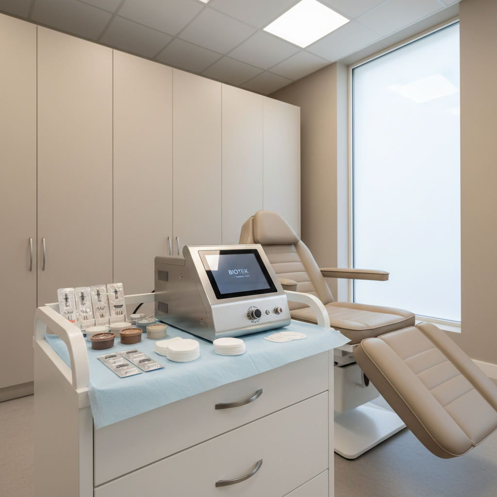 An exquisite permanent makeup workstation in a refined beauty institute, centered on a matte white trolley holding a state-of-the-art digital dermograph device in brushed silver with a sleek touchscreen interface. Next to it, individually sealed sterile needle cartridges, pigment cups filled with perfectly mixed natural brow tones, and cotton pads rest on a disposable medical-grade sheet. The workstation stands beside a reclining treatment chair upholstered in smooth light taupe faux leather. The environment is bright and immaculate, with soft neutral walls and discreet storage cabinets. Cool, diffused LED panel lighting from above and natural window light from the side create balanced, shadow-free illumination. Photographic realism, eye-level composition, crisp focus throughout, communicating precision, safety, and high-end professionalism.