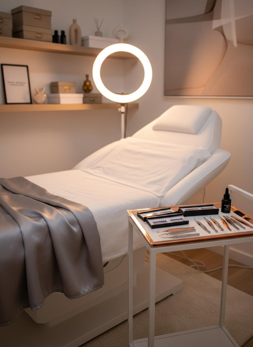 A serene lash extension corner in an elegant institut beauté, featuring a reclining bed with a sculpted ergonomic headrest, covered in a silky dove-grey throw and pristine white sheet. On a slim, height-adjustable side table, a curated selection of neatly labeled lash trays, a fine-tipped adhesive bottle, and precision stainless steel tweezers are arranged on a rose-gold metal tray. Behind, a softly glowing ring light on a minimalist stand casts even, flattering illumination, while wall shelves hold tastefully arranged storage boxes and decor in beige, white, and muted gold. The overall lighting is soft and warm, with subtle highlights on metallic accents. Photographic realism, three-quarter angle composition with shallow depth of field, conveying quiet concentration, delicacy, and luxury.
