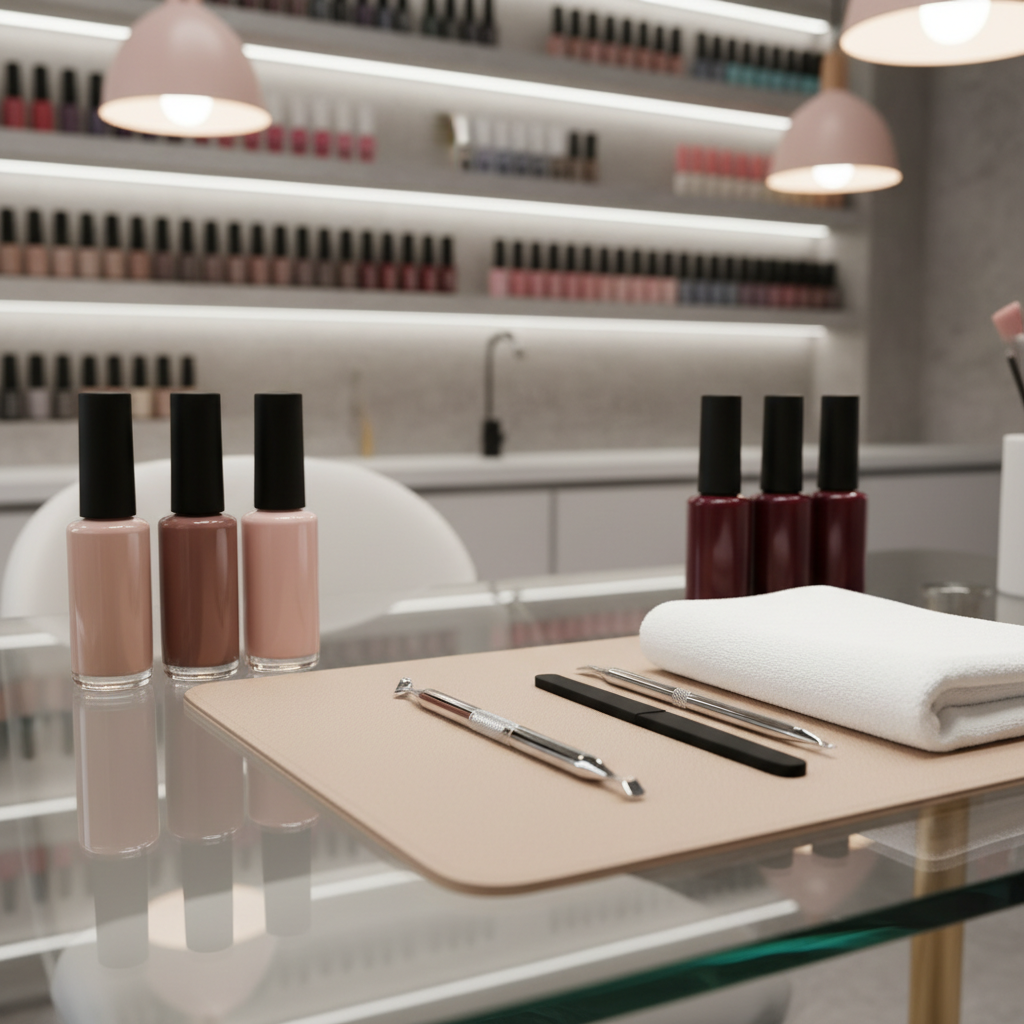 A close-up of a beautifully organized manicure station in an upscale nail studio, showcasing a flawless glass tabletop with a perfectly arranged selection of high-gloss nude, blush pink, and deep burgundy gel polish bottles in sleek, minimalist packaging. A precise metal cuticle pusher, fine-grit file, and neatly folded, snow-white hand towel rest on a soft beige leather mat. The background reveals an elegant, blurred wall of color-sorted nail lacquers on slim, backlit shelves. Soft studio lighting and gentle warm pendant lights above create delicate reflections on the glass and metallic surfaces. Photographic realism, captured from a slightly elevated angle with shallow depth of field, evoking meticulous care, cleanliness, and contemporary sophistication.